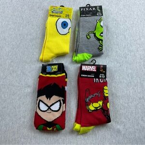 MEN’S CREW SOCKS 4 PAIRS BUNDLE MULTI CARTONS MARVEL, PIXAR, SPONGE BOB, DC NEW